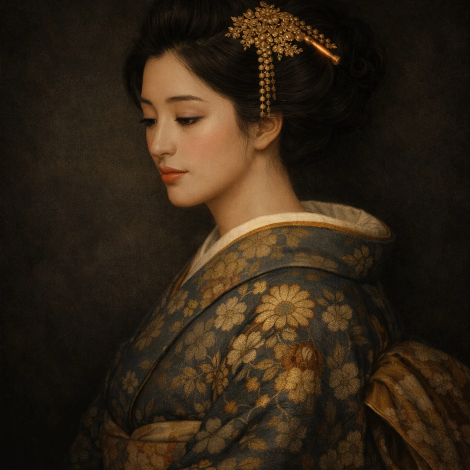 Ritratto di profilo con kimono decorato e grande fiocco