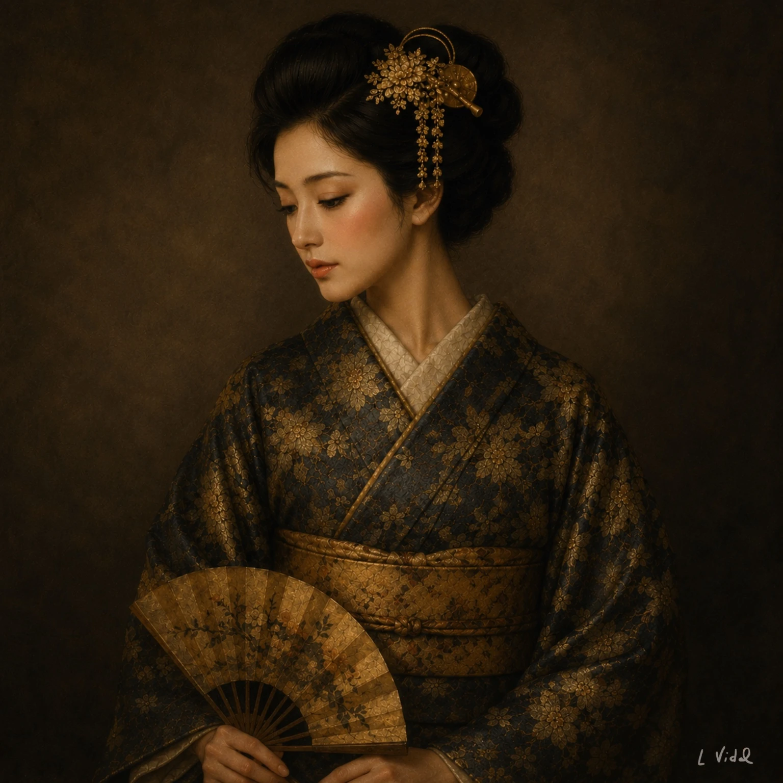 Figura femminile con ventaglio e kimono scuro dai motivi dorati