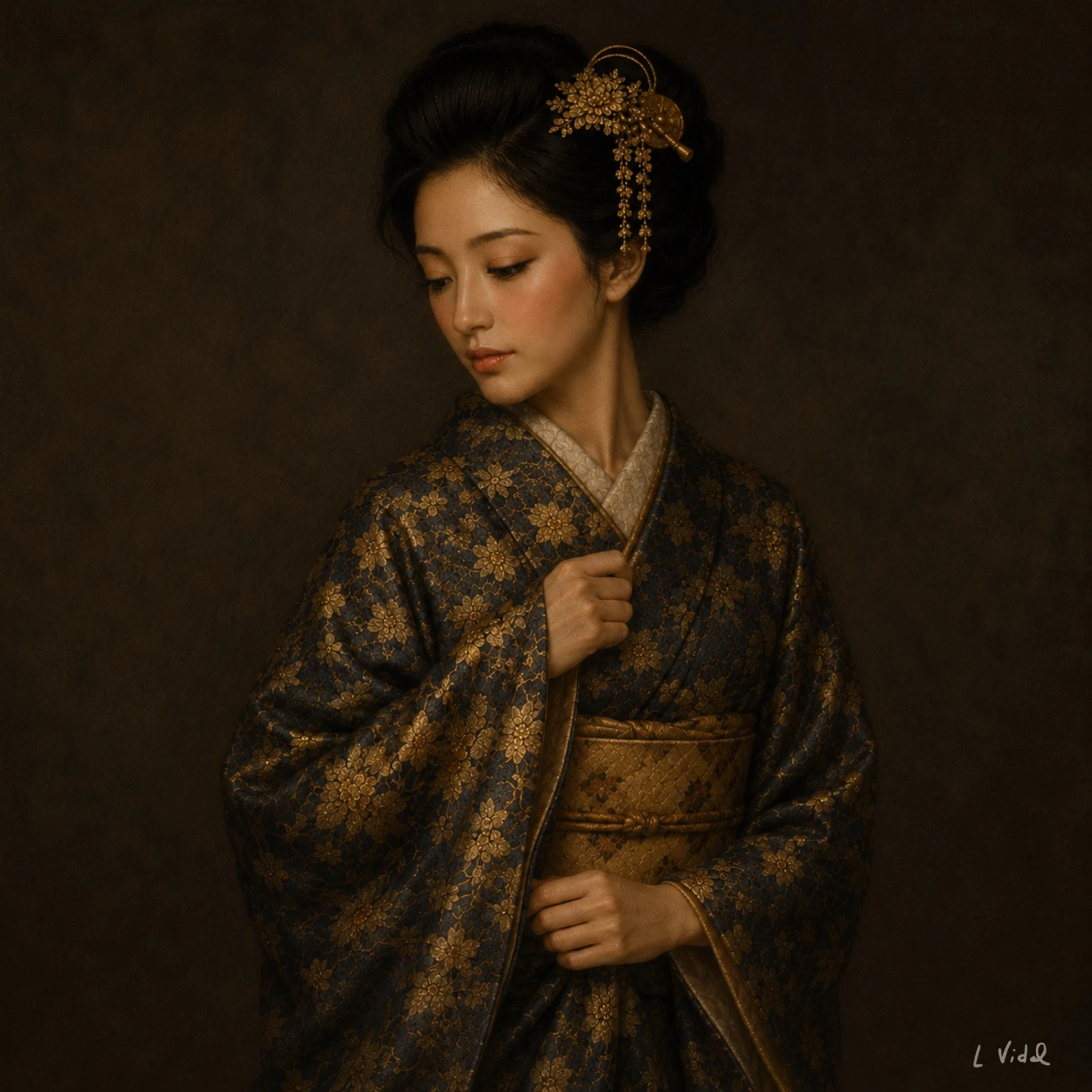 Figura femminile con una mano sul kimono decorato